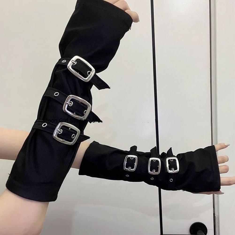 Fingerless Glove Knit - Gothic-Armwärmer, fingerlose Handschuhe für Damen, Punk-Metallschnallen-Armwärmer,